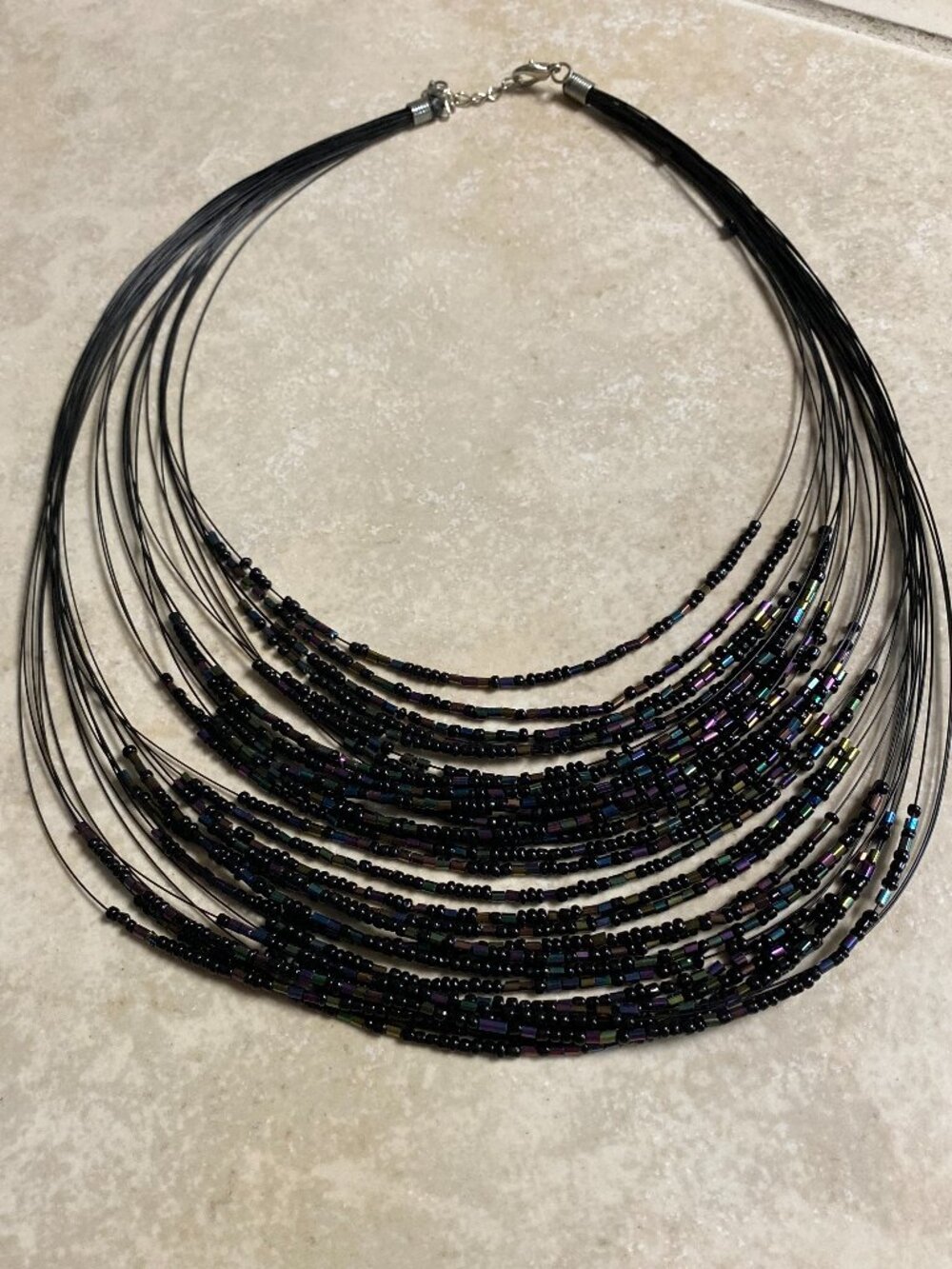 Black Iridescent glass bead multi-strand necklace, 20" inside strand.